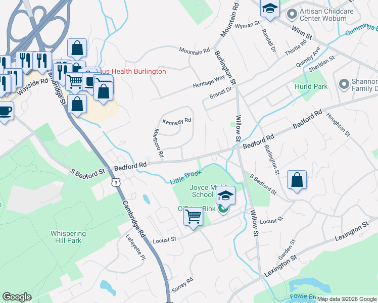 map of restaurants, bars, coffee shops, grocery stores, and more near 64 Marlboro Road in Woburn