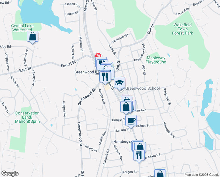 map of restaurants, bars, coffee shops, grocery stores, and more near 979 Main Street in Wakefield