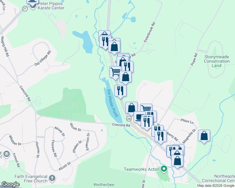 map of restaurants, bars, coffee shops, grocery stores, and more near 138 Great Road in Acton