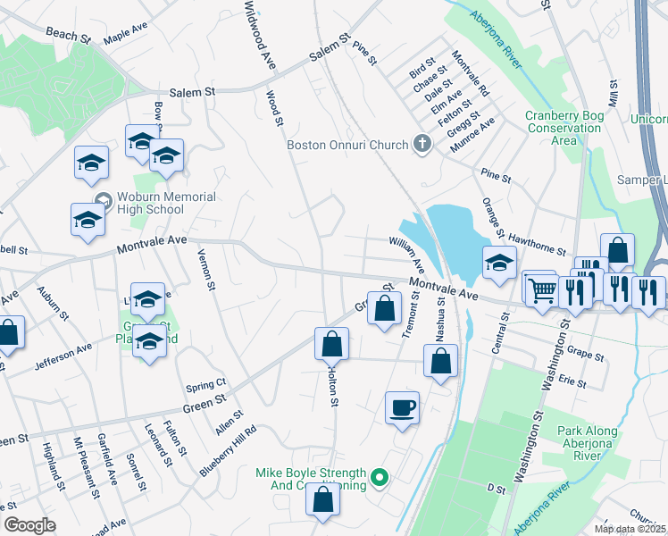 map of restaurants, bars, coffee shops, grocery stores, and more near 200 Montvale Avenue in Woburn