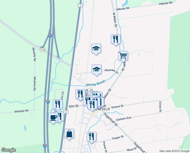 map of restaurants, bars, coffee shops, grocery stores, and more near 21 Pleasant Street in Deerfield