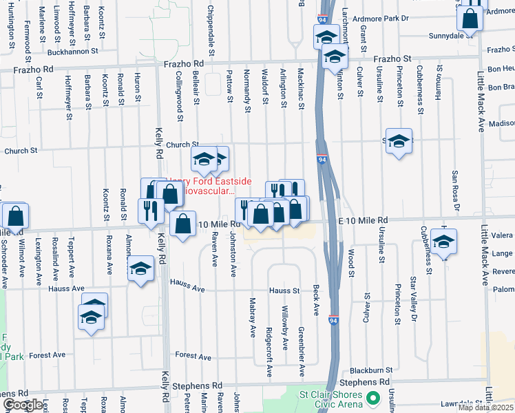 map of restaurants, bars, coffee shops, grocery stores, and more near 25134 Normandy Street in Roseville