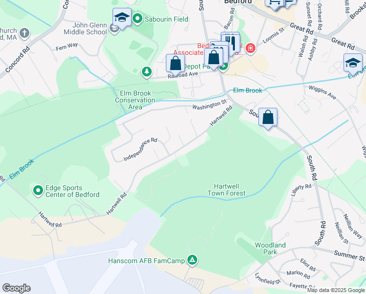 map of restaurants, bars, coffee shops, grocery stores, and more near 69 Hartwell Road in Bedford