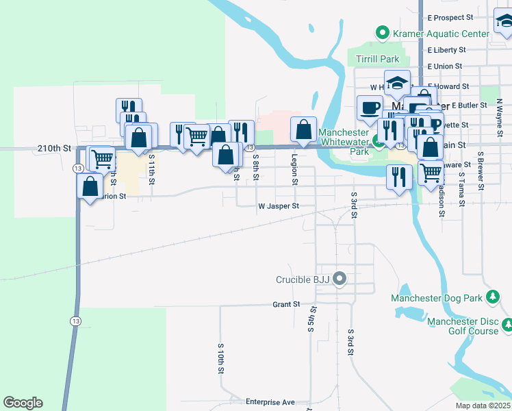 map of restaurants, bars, coffee shops, grocery stores, and more near 901 West Jasper Street in Manchester