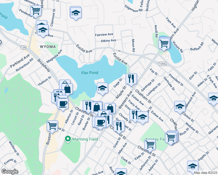 map of restaurants, bars, coffee shops, grocery stores, and more near 16 Gage Street in Lynn