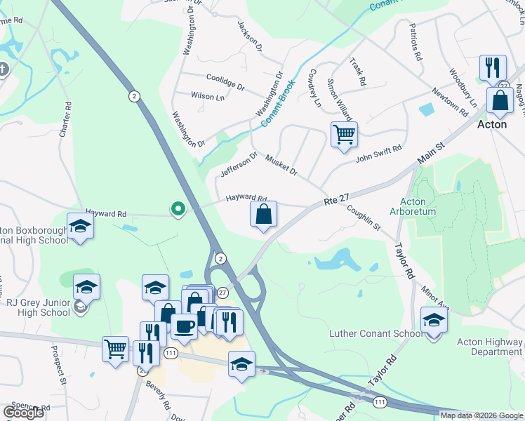 map of restaurants, bars, coffee shops, grocery stores, and more near 24 Hayward Road in Acton