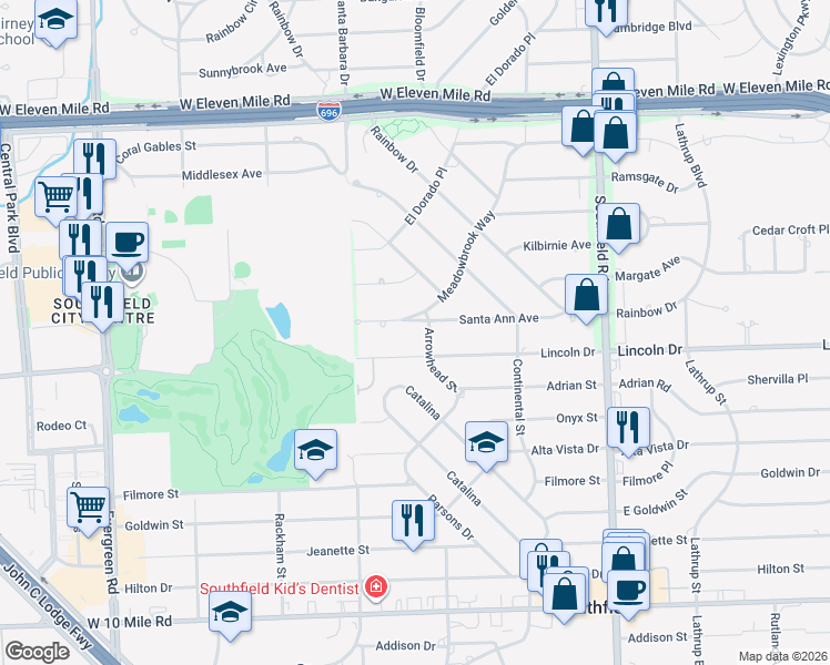 map of restaurants, bars, coffee shops, grocery stores, and more near 26272 Meadowbrook Way in Lathrup Village