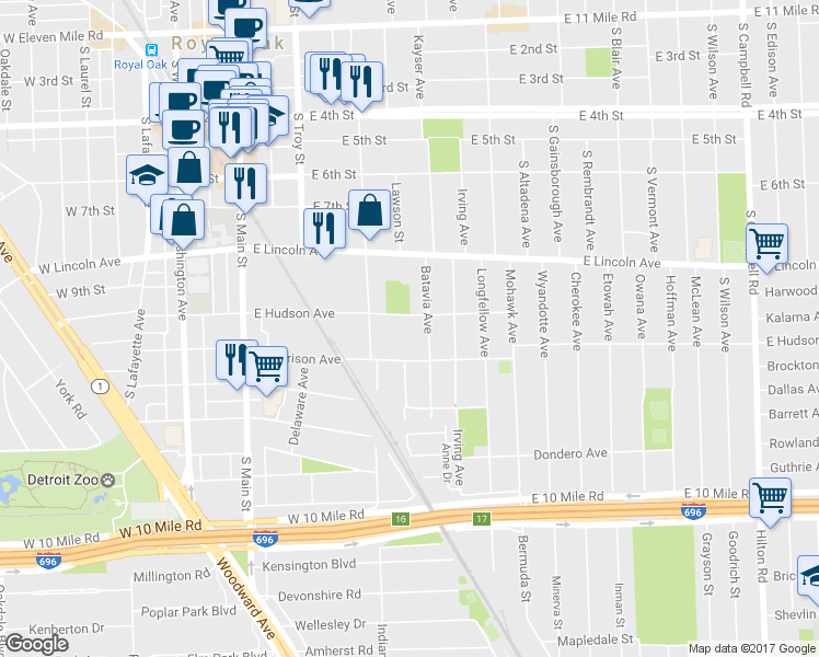 map of restaurants, bars, coffee shops, grocery stores, and more near 602 East Hudson Avenue in Royal Oak