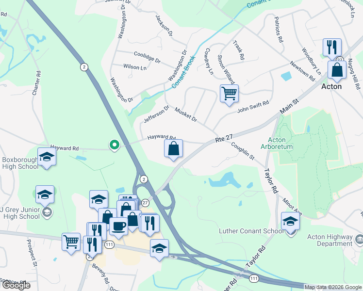 map of restaurants, bars, coffee shops, grocery stores, and more near 24 Hayward Road in Acton