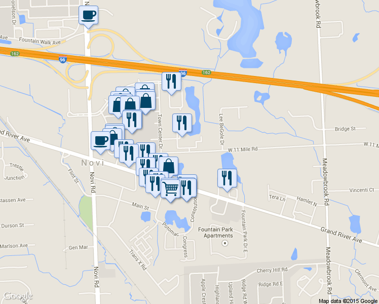 map of restaurants, bars, coffee shops, grocery stores, and more near 43304 West 11 Mile Road in Novi