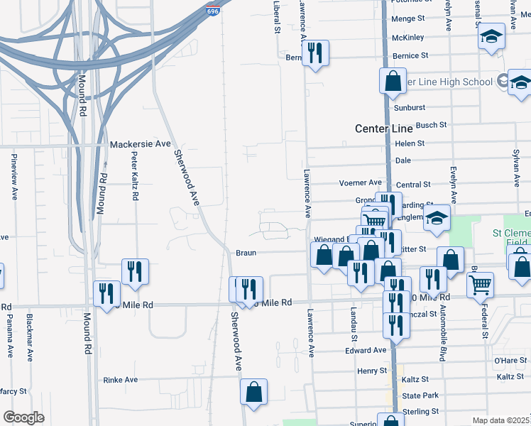 map of restaurants, bars, coffee shops, grocery stores, and more near 25355 Lawrence Street in Center Line