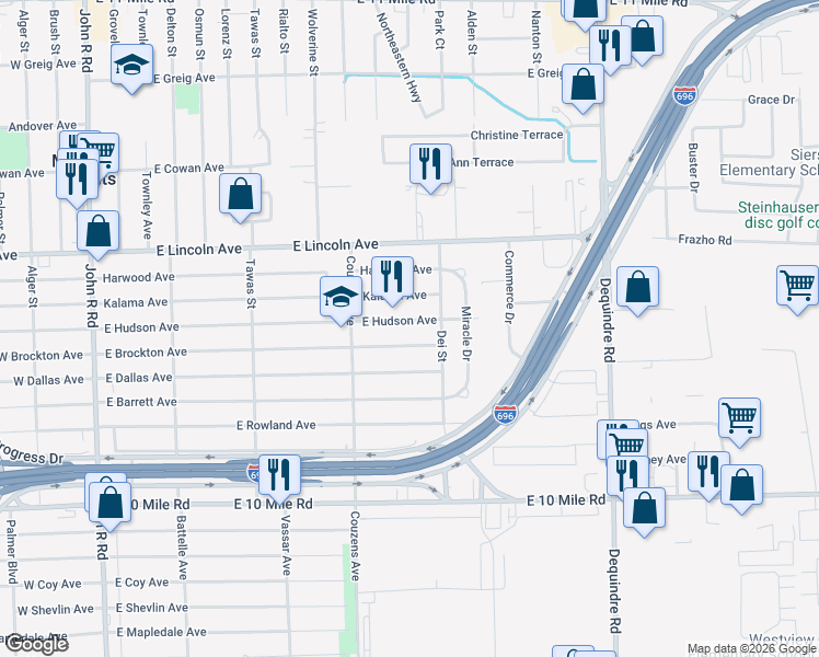 map of restaurants, bars, coffee shops, grocery stores, and more near 1208 East Hudson Avenue in Madison Heights