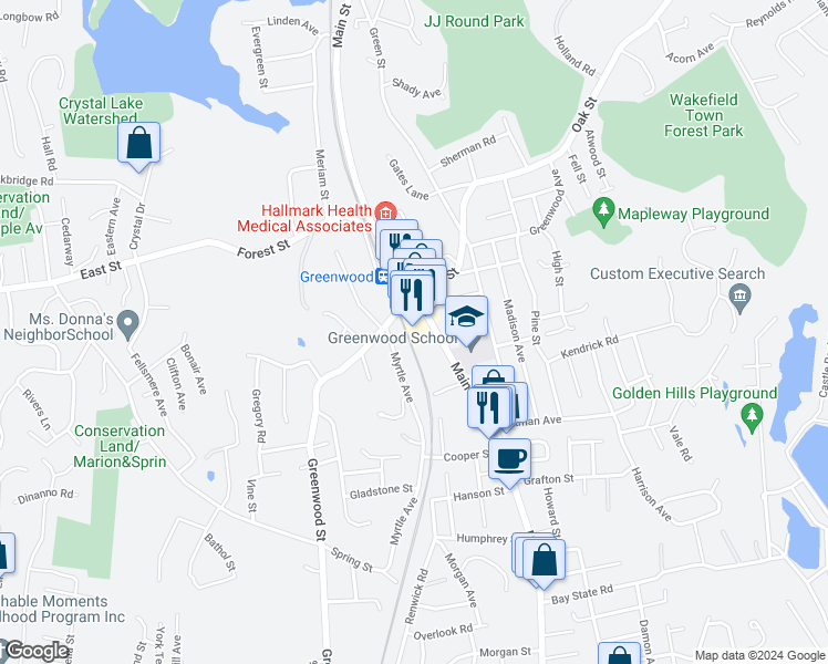 map of restaurants, bars, coffee shops, grocery stores, and more near 979 Main Street in Wakefield