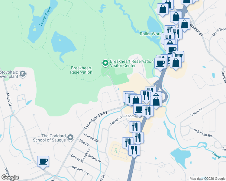 map of restaurants, bars, coffee shops, grocery stores, and more near 176 Forest Street in Saugus