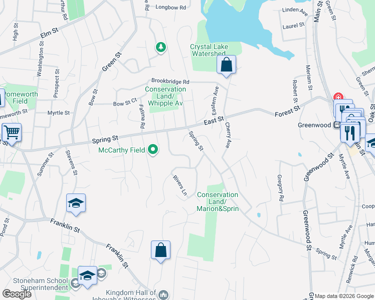 map of restaurants, bars, coffee shops, grocery stores, and more near 14 Cricklewood Drive in Stoneham