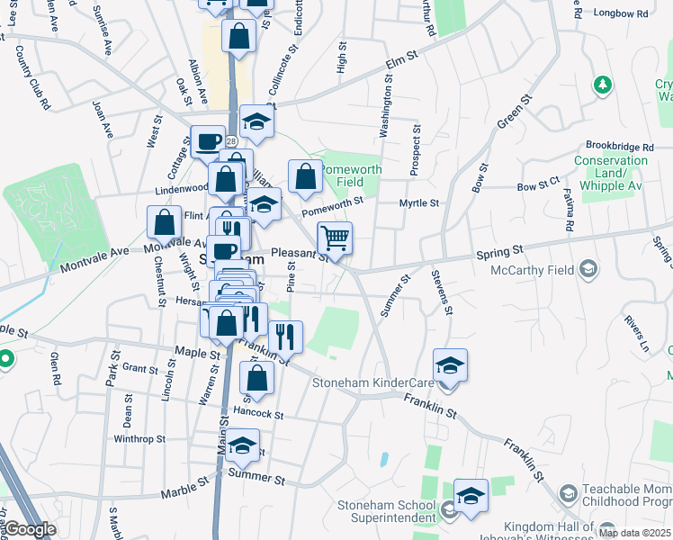 map of restaurants, bars, coffee shops, grocery stores, and more near 35 Pleasant Street in Stoneham