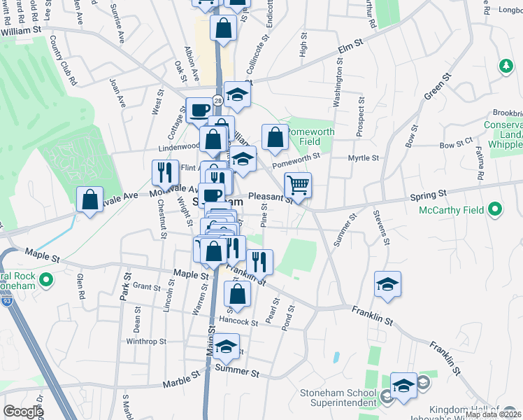 map of restaurants, bars, coffee shops, grocery stores, and more near 4 Pine Street in Stoneham