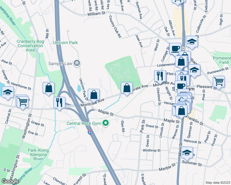 map of restaurants, bars, coffee shops, grocery stores, and more near 67 Montvale Avenue in Stoneham