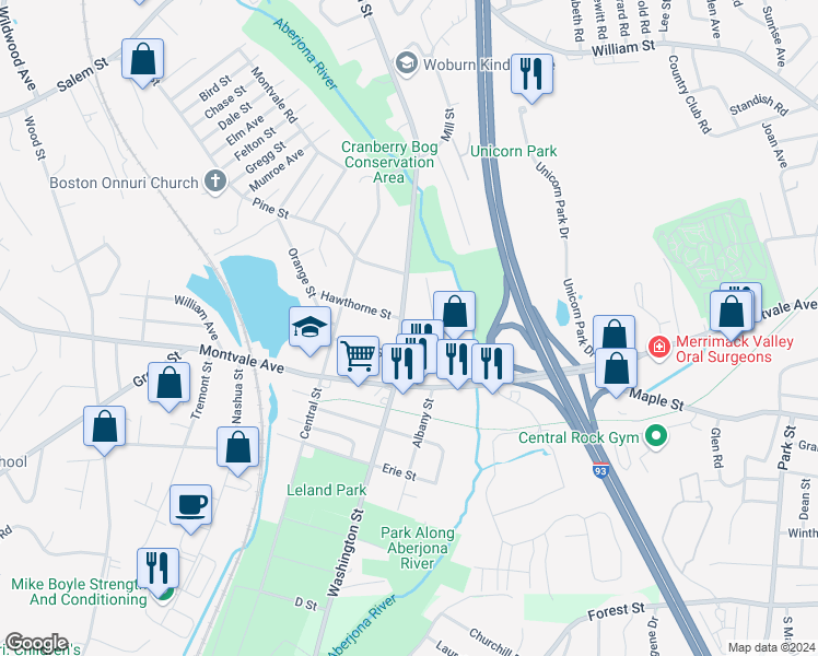 map of restaurants, bars, coffee shops, grocery stores, and more near 111 Washington Street in Woburn