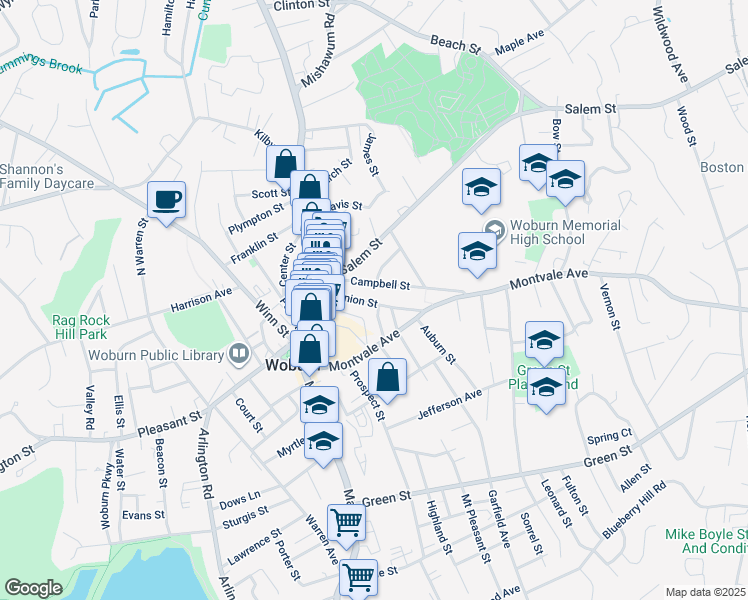 map of restaurants, bars, coffee shops, grocery stores, and more near 20 Union Street in Woburn