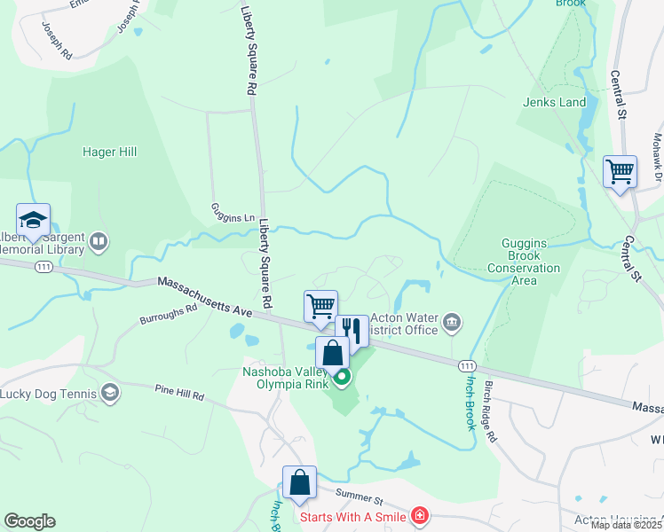 map of restaurants, bars, coffee shops, grocery stores, and more near 126 Russet Lane in Boxborough