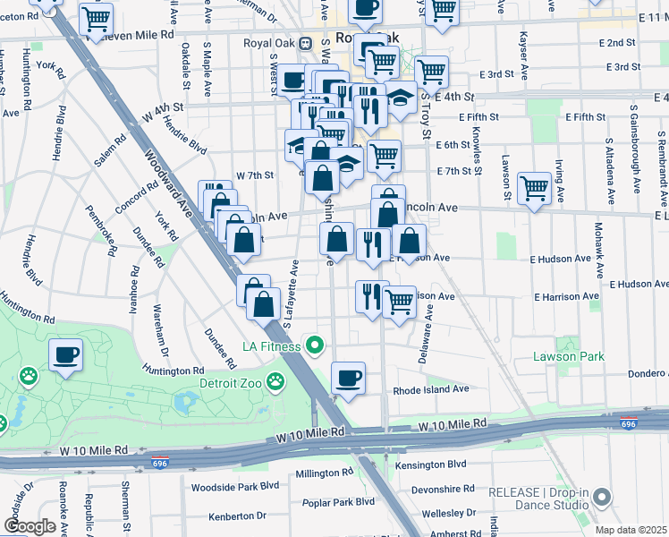map of restaurants, bars, coffee shops, grocery stores, and more near in Royal Oak