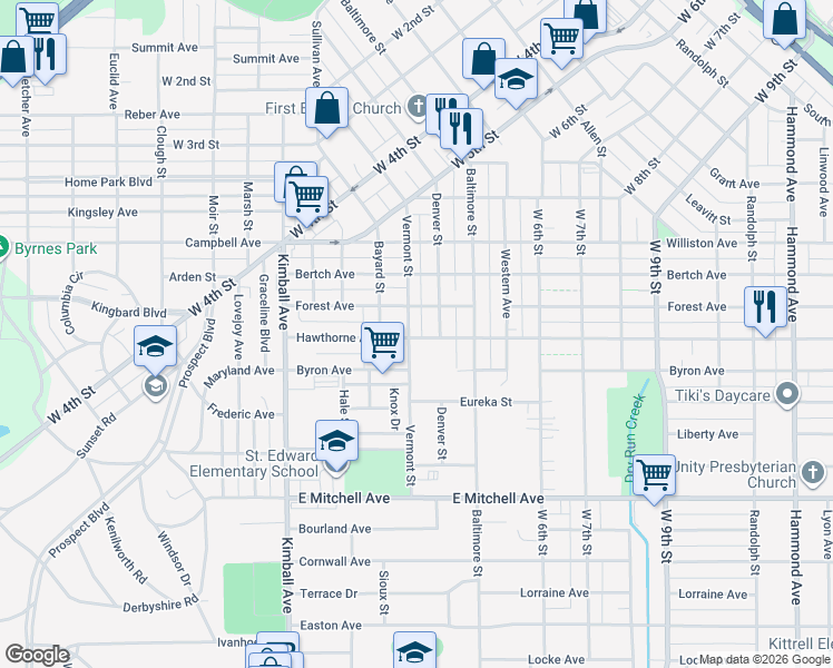 map of restaurants, bars, coffee shops, grocery stores, and more near 919 Vermont Street in Waterloo