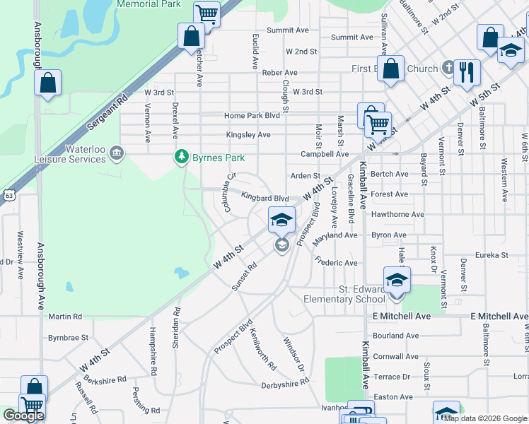 map of restaurants, bars, coffee shops, grocery stores, and more near 211 Kingbard Boulevard in Waterloo
