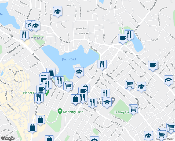 map of restaurants, bars, coffee shops, grocery stores, and more near 16 Gage Street in Lynn