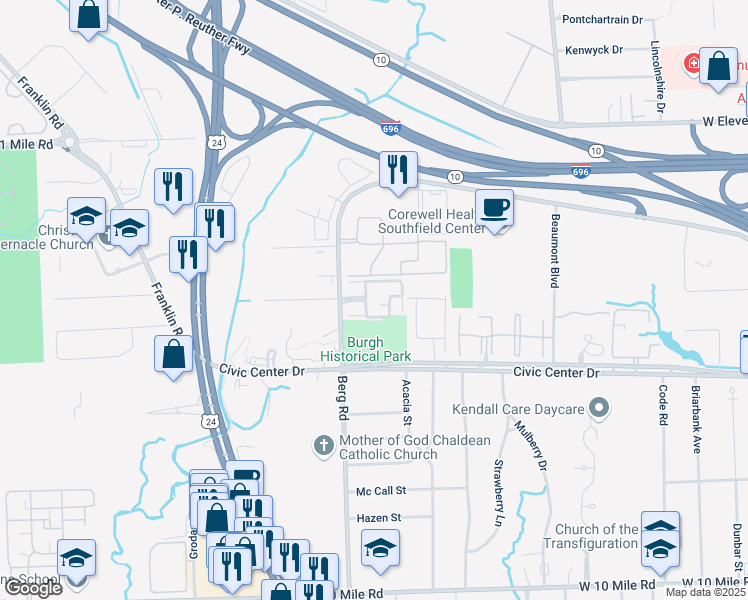 map of restaurants, bars, coffee shops, grocery stores, and more near 23822 Village-House Drive North in Southfield
