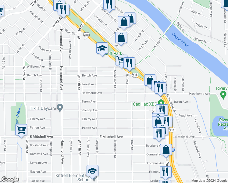 map of restaurants, bars, coffee shops, grocery stores, and more near 1661 Hawthorne Avenue in Waterloo