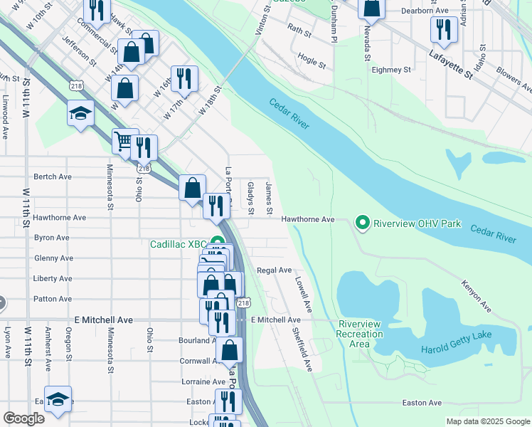 map of restaurants, bars, coffee shops, grocery stores, and more near 2225 Hawthorne Avenue in Waterloo