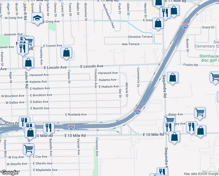 map of restaurants, bars, coffee shops, grocery stores, and more near 1208 East Hudson Avenue in Madison Heights