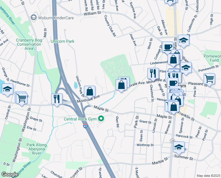 map of restaurants, bars, coffee shops, grocery stores, and more near 67 Montvale Avenue in Stoneham