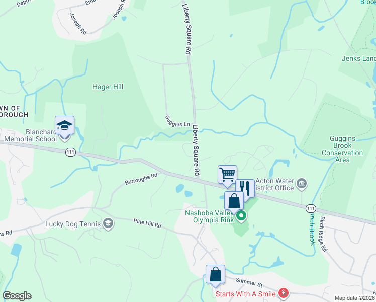 map of restaurants, bars, coffee shops, grocery stores, and more near 71-77 Liberty Square Road in Boxborough