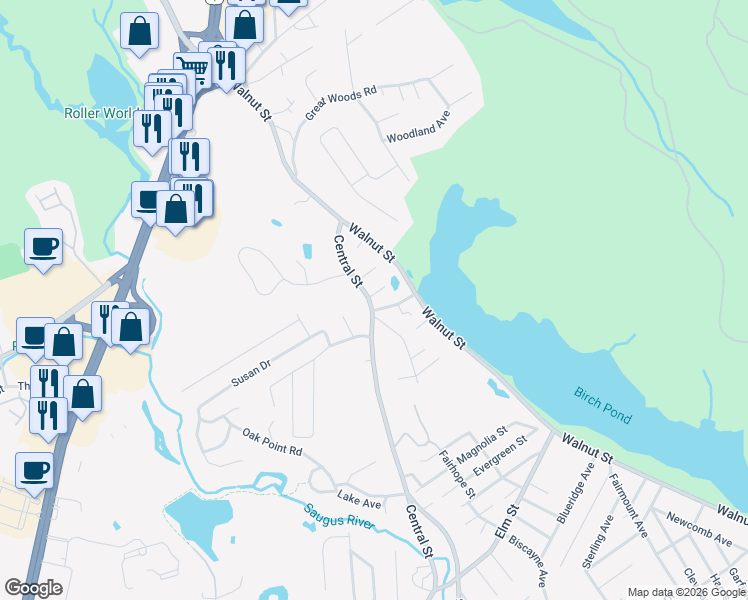 map of restaurants, bars, coffee shops, grocery stores, and more near 40 Central Street in Saugus