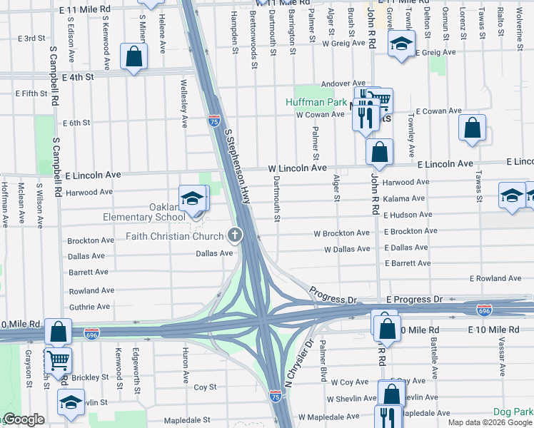 map of restaurants, bars, coffee shops, grocery stores, and more near 659 West Kalama Avenue in Madison Heights