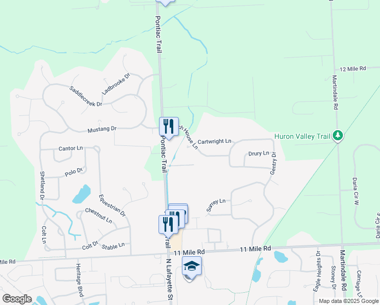 map of restaurants, bars, coffee shops, grocery stores, and more near 1164 Cartwright Court in South Lyon