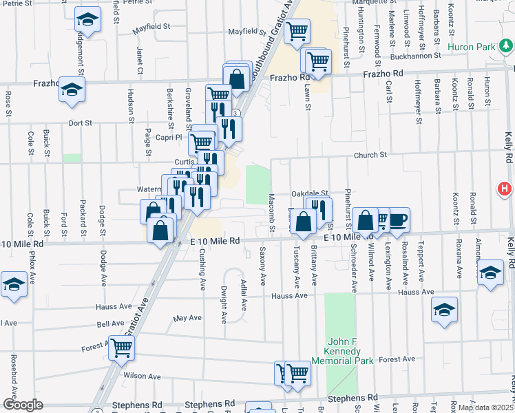 map of restaurants, bars, coffee shops, grocery stores, and more near 25214 Gratiot Avenue in Roseville