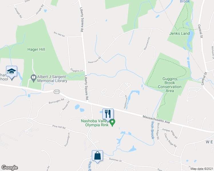 map of restaurants, bars, coffee shops, grocery stores, and more near 126 Russet Lane in Boxborough