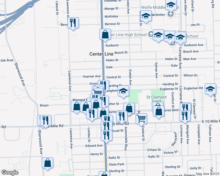 map of restaurants, bars, coffee shops, grocery stores, and more near 25420 Van Dyke Avenue in Center Line