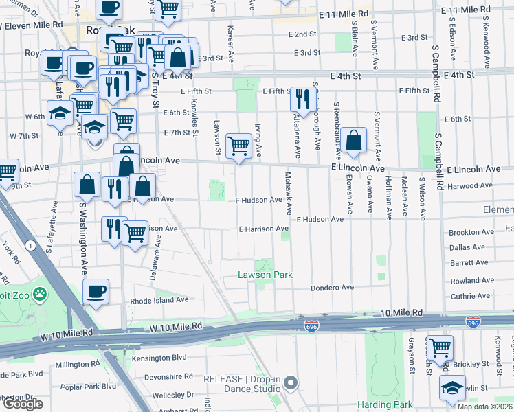 map of restaurants, bars, coffee shops, grocery stores, and more near 1002 Irving Avenue in Royal Oak