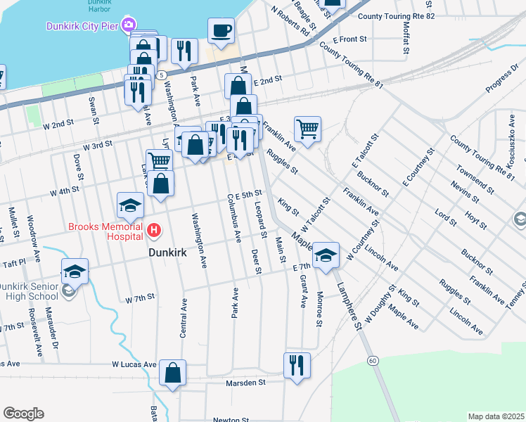 map of restaurants, bars, coffee shops, grocery stores, and more near 516 Leopard Street in Dunkirk