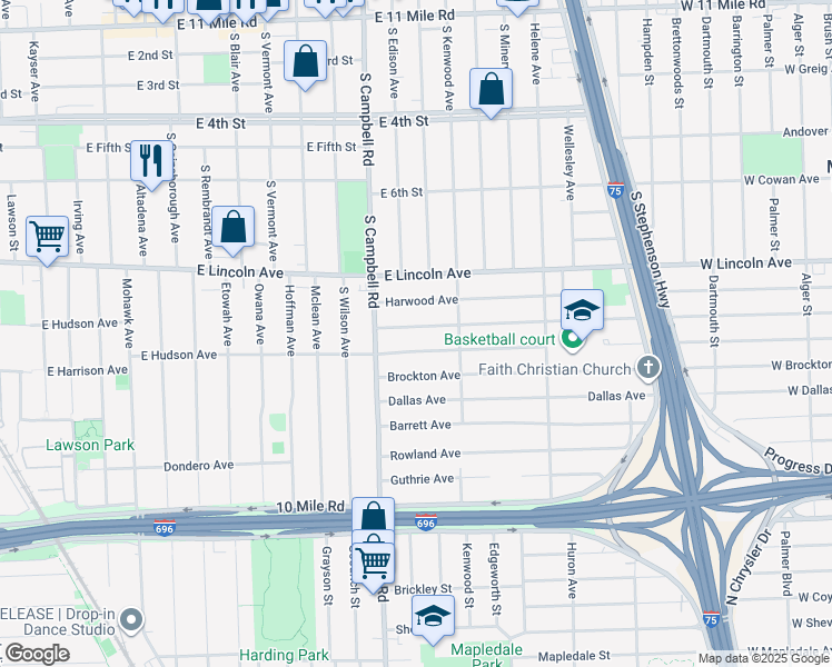map of restaurants, bars, coffee shops, grocery stores, and more near 1812 Kalama Avenue in Royal Oak