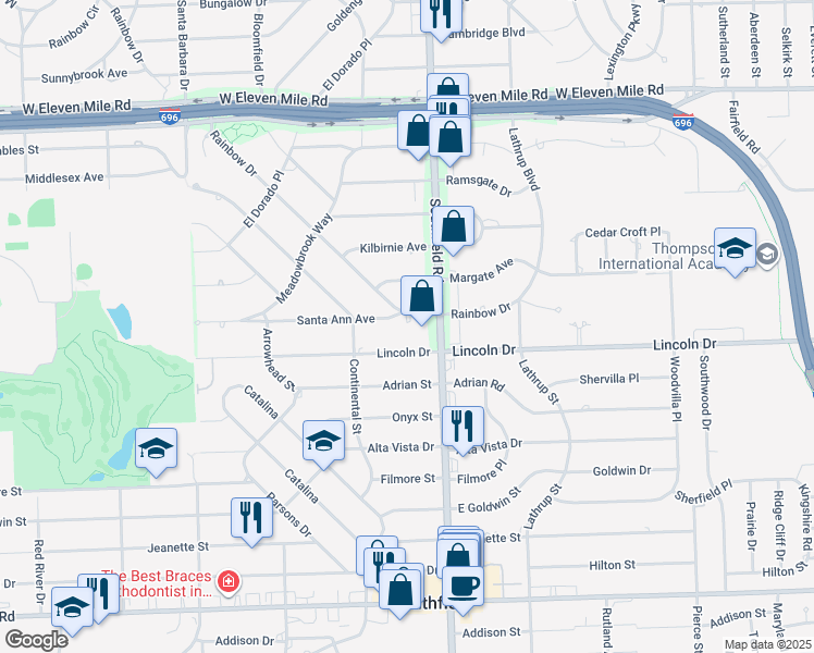 map of restaurants, bars, coffee shops, grocery stores, and more near 18151 Santa Ann Avenue in Lathrup Village