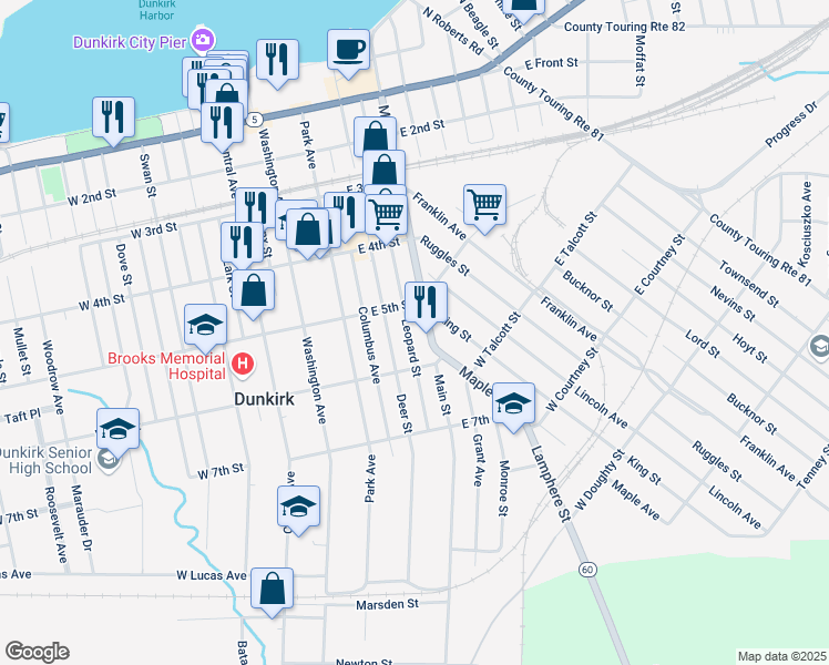 map of restaurants, bars, coffee shops, grocery stores, and more near 516 Leopard Street in Dunkirk