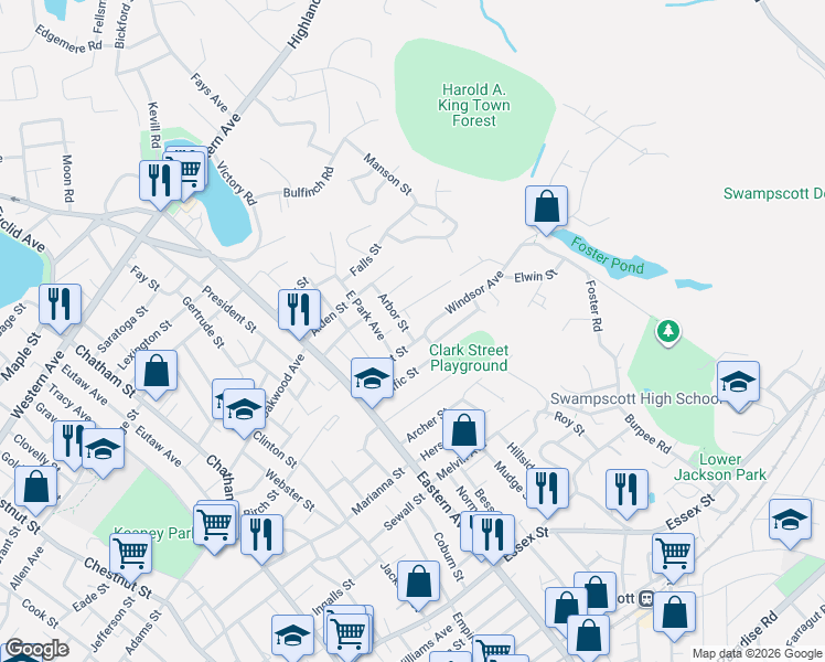 map of restaurants, bars, coffee shops, grocery stores, and more near 3 Arbor Street in Lynn
