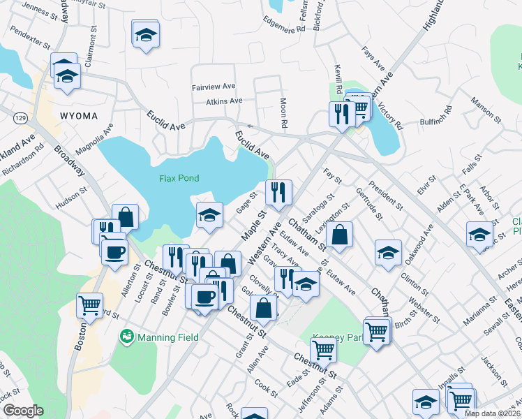 map of restaurants, bars, coffee shops, grocery stores, and more near 11 Wyers Court in Lynn