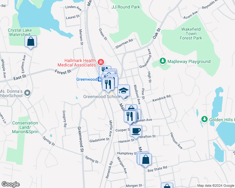 map of restaurants, bars, coffee shops, grocery stores, and more near 979 Main Street in Wakefield