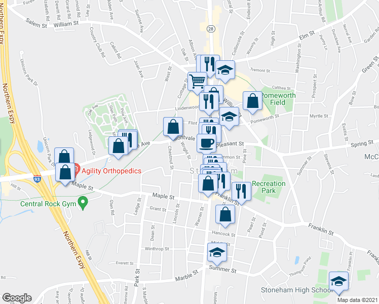 map of restaurants, bars, coffee shops, grocery stores, and more near 65 Wright Street in Stoneham